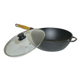 Panela Frigideira Wok Em Ferro Fundido 4l Tampa Vidro 28 Cm