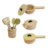 Panelas Para Cozinha Brinquedo De Madeira Kit Com 8 Peças 