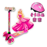 Patinete Infantil 3 Rodas Com Led Barbie E Kit Capacete