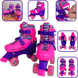 Patins 4 Rodas Infantil Roller Ajustável Quadr Rosa Kit Led