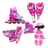 Patins 4 Rodas Inline Infantil Led +kit Proteção Sereia 