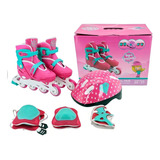 Patins In-line Ajustável Rosa Unitoys 1439 Com Kit Proteção