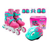Patins Infantil Roller 4 Rodas Inline Rosa C/ Kit Proteção