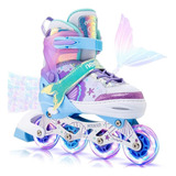 Patins Infantil Roller Inline Roxo Sereia Ajustável Com Led