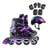 Patins Roller Inline 4 Rodas Skates Ajustável + Kit Proteção