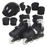 Patins Roller Inline Infantil 4 Rodas Preto + Kit Proteção