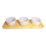 Petisqueira Madeira 3 Molheiras/ramequins Porcelana Cor Branco