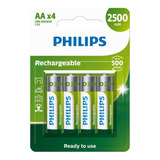 Philips Pacote 4 Pilhas Bateria Aa Recarregável 2500mah