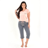 Pijama Feminino Meia Estação Manga Curta Com Calça Capri