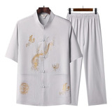 Pijama Masculino Estilo Chinês Dragão Padrão Camisa E Calça