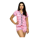 Pijama Short E Camisa Americano Blogueira Estampado Botões 