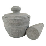 Pilão Socador De Alho De Pedra Sabão Com Socado E Tampa