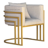 Poltrona Cadeira Base De Metal Tripla Decorativa Linho Cinza