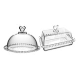 Porta Manteiga De Vidro Tampa Cristal + Porta Frios De Vidro