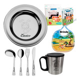 Prato Copo Talher Inox Infantil Nome Bebê Gravado + Brinde