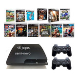 Ps3 Slim+ 45 Jogos + 2 Controles Gta5, Fifa, Minecraft, Mortalkombat Cor Preto