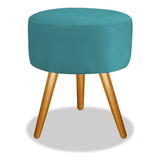 Puff Banqueta Redonda Azul Tiffany Pés Castanho