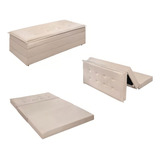 Puff Baú Recamier Para Sala Que Vira Cama Casal Dobrável Cor Bege