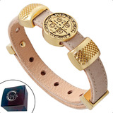 Pulseira Bracelete Couro Nude Dourada Medalha São Bento 