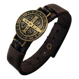 Pulseira De Couro Masculina Medalha São Bento Marrom