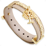 Pulseira Feminina Dourada De Couro Pingente Árvore De Vida