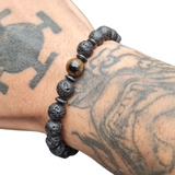 Pulseira Masculina Pedra Preta Vulcanica Lava Olho De Tigre