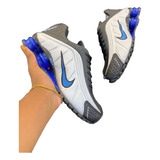 Pulseira Prata + Naike Shox R4 Macio Molas Branco Azul