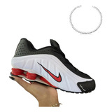 Pulseira Prata + Naike Shox R4 Quatro Molas Branco Vermelho