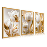Quadro Decorativo 50x30 Flores Tulipas Brancas Douradas Sala
