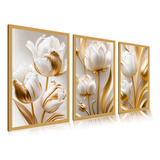 Quadro Decorativo 80x60 Flor Tulipa Branca Dourada Sala Hall