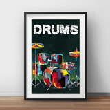 Quadro Decorativo Bateria Drums Música Rock Poster Moldur A3