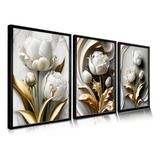 Quadro Decorativo Flor Tulipa Ouro 80x60 Moldura Sala Hall