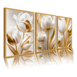 Quadro Decorativo Flores Tulipas Brancas Douradas Sala Hall