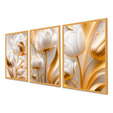 Quadro Decorativo Flores Tulipas Brancas Douradas Sala Hall