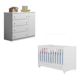 Quarto Infantil Com Berço Ana 2x1 E Cômoda 4 Gavetas 1 Porta