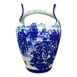 Raro Antigo Vaso Oriental Porcelana Branca Tema Azul Cobalto