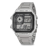 Relógio Casio Ae-1200whd-1 Masculino Word Time Prata Quadrado Cor Da Correia Prateado