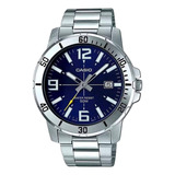 Relógio Casio Collection Masculino Prata Mtp-vd01d-7evudf-br Correia Prateado Bisel Prateado Fundo Azul-marinho