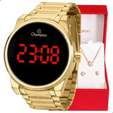 Relógio Champion Feminino Digital Dourado Led Vermelho
