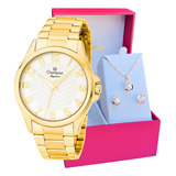 Relógio Champion Feminino Dourado Banhado Kit Colar Brincos