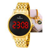 Relógio Champion Feminino Dourado Digital Led A Prova D'água