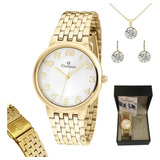 Relógio Champion Feminino Dourado Pequeno + Colar E Brincos