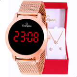 Relógio Champion Feminino Rosê Digital Led Vermelho Ch40106z
