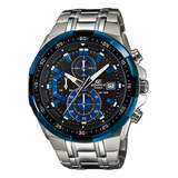 Relógio De Pulso Casio Efr-539 Com Corria De Aço Inoxidável Cor Prateado - Fondo Preto - Bisel Azul/preto