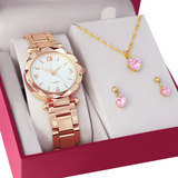 Relógio Feminino Analógico + Colar Brincos Folheado Ouro 18k