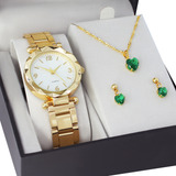 Relógio Feminino Analógico + Colar Brincos Folheado Ouro 18k