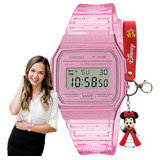 Relógio Feminino Casio Digital Rosa F-91ws-4df + Chaveiro Cor Do Fundo Lcd Positivo