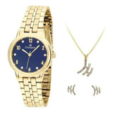 Relógio Feminino Champion Lindo Dourado Fundo Azul Top + Kit