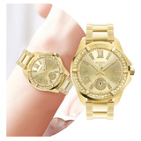 Relógio Feminino De Pulso Analógico Com Pulseira E Caixa De Aço Inoxidável Dourado Movimento Quartzo Resiste À Água Em 5 Atm Redondo Com Strass Luxo Elegante Fashion - Eu2115ax/4j Euro