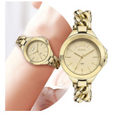 Relógio Feminino De Pulso Analógico Dourado Redondo Delicado Luxo Elegante Fashion Com Caixa E Pulseira Em Aço Inoxidável Com Resistência À Água Em 5 Atm - Eu2033bk/4d Euro